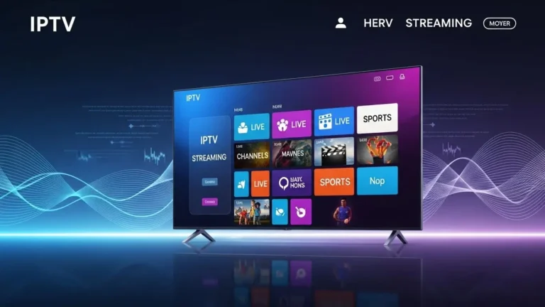 Moderne IPTV Streaming-Oberfläche auf einem Smart-TV mit digitalen Kanälen und leuchtenden UI-Elementen.